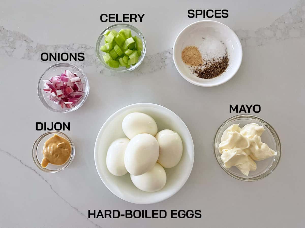 The ingredients needed to make an egg salad.