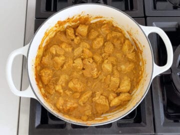 Coconut milk and PB2 were added to the stockpot.