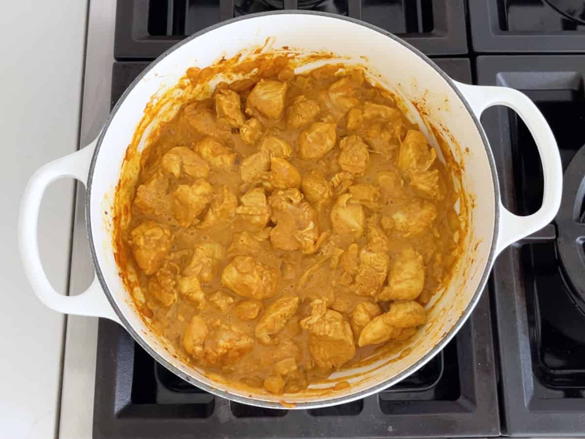 Coconut milk and PB2 were added to the stockpot.