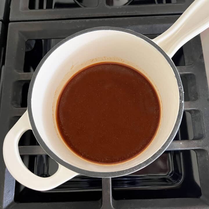 Teriyaki sauce in a saucepan at the start of cooking.