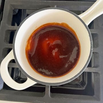 The teriyaki sauce is ready and thickened in the saucepan.