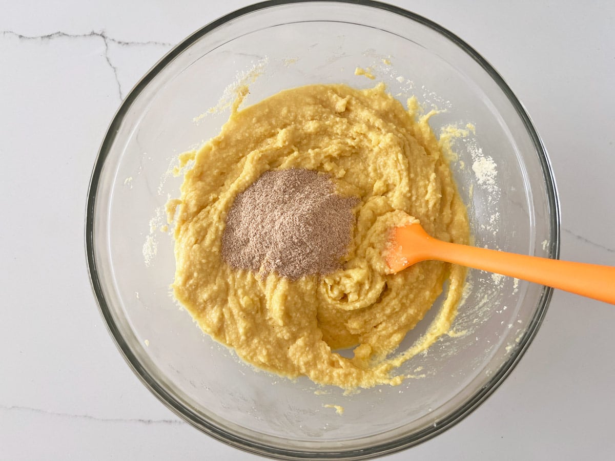 Adding psyllium husk to the batter.