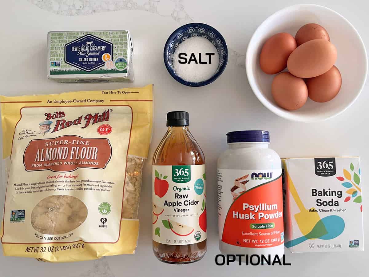 The ingredients needed to make almond flour bread.