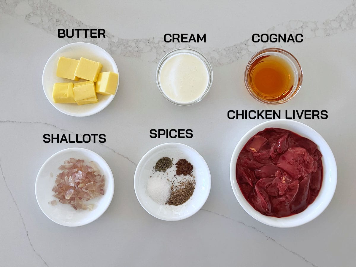 The ingredients needed to make a chicken liver pâté.