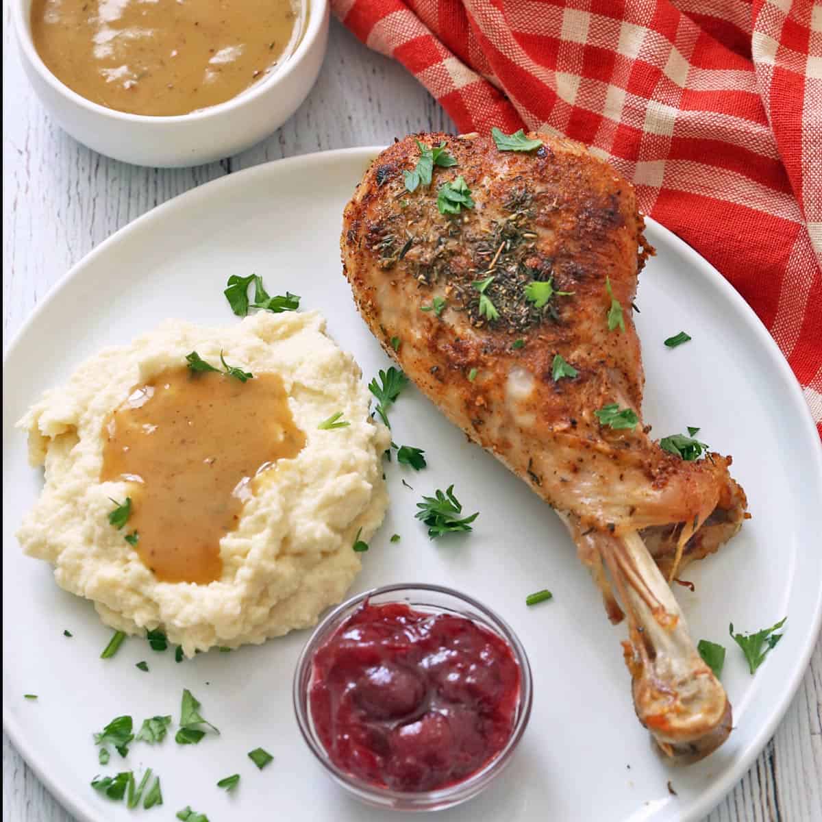 Mashed cauliflower is served as part of a Thanksgiving plate.