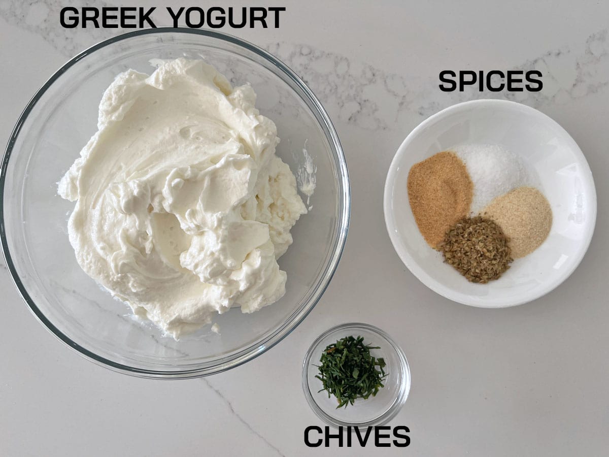 The ingredients needed to make a Greek yogurt dip.