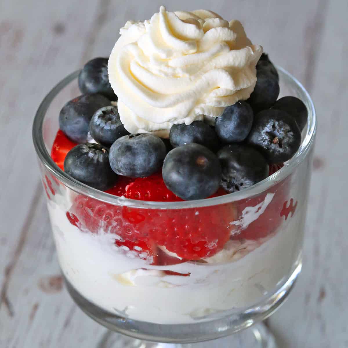 Berries are topped with whipped cream.