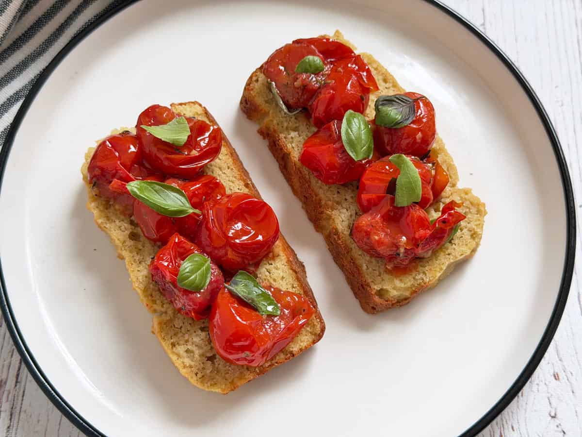 Bruschetta made with roasted cherry tomatoes.